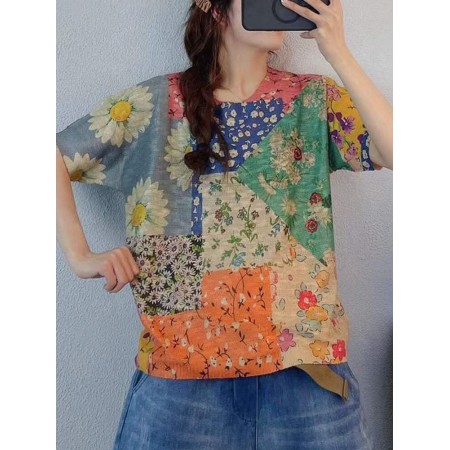 <b>Notice</b>: Undefined variable: alt_image in <b>/www/wwwroot/www.easyclothmall.com/vqmod/vqcache/vq2-catalog_view_theme_fastor_template_product_product.tpl</b> on line <b>133</b>Floral Print Color Block Loose Round neck Short Sleeve Knitted T-Shirt