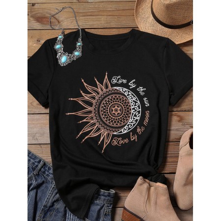 <b>Notice</b>: Undefined variable: alt_image in <b>/www/wwwroot/www.easyclothmall.com/vqmod/vqcache/vq2-catalog_view_theme_fastor_template_product_product.tpl</b> on line <b>133</b>Sunflower Moon Print O-neck Short Sleeve Casual T-shirts For Women