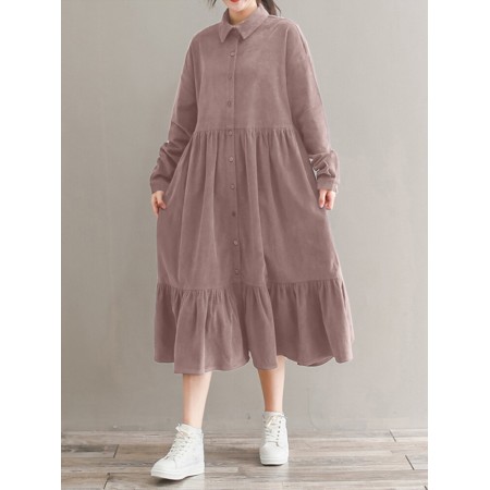 <b>Notice</b>: Undefined variable: alt_image in <b>/www/wwwroot/www.easyclothmall.com/vqmod/vqcache/vq2-catalog_view_theme_fastor_template_product_product.tpl</b> on line <b>133</b>Women Corduroy CasualLace-up Ruffles Hem Loose Full Sleeve Mid-Calf Length Midi Dress