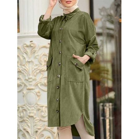 <b>Notice</b>: Undefined variable: alt_image in <b>/www/wwwroot/www.easyclothmall.com/vqmod/vqcache/vq2-catalog_view_theme_fastor_template_product_product.tpl</b> on line <b>133</b>Women Corduroy Solid Moslem Style Collared Raglan Button Front High Low Dress