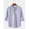 Mens Basic Striped Cotton High Low Hem Stand Collar Casual Long Sleeve Henley Shirts