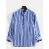 Mens Vertical Striped Stand Collar Cotton Casual Long Sleeve Henley Shirts